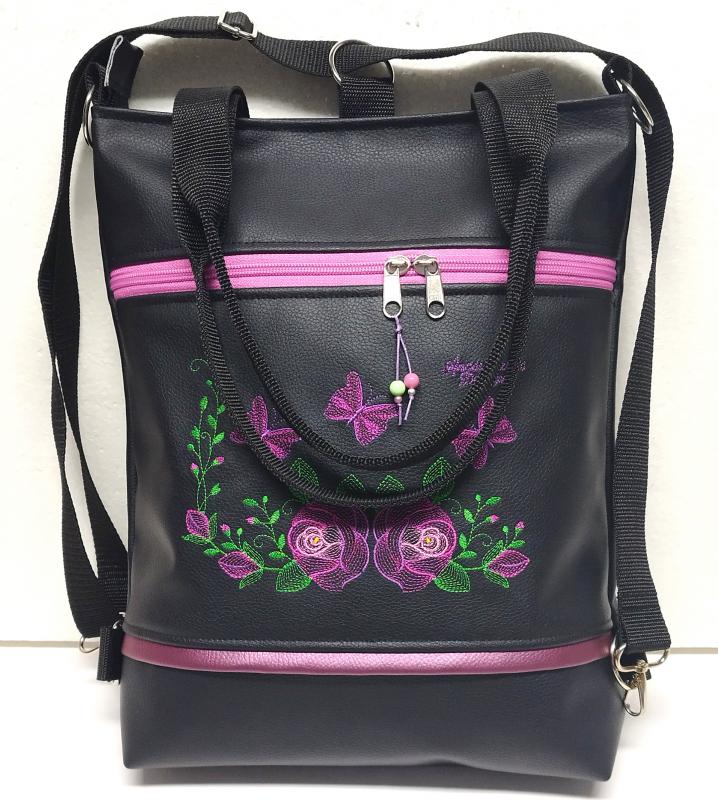 Hímzett 4in1 hátizsák univerzális táska rózsák és pillangók fekete alapon