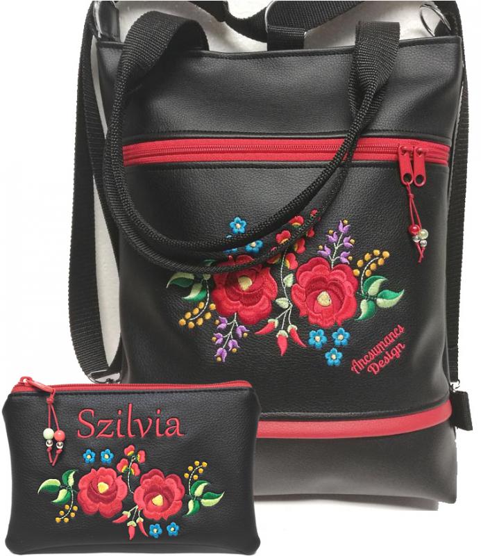 Hímzett 4in1 Kalocsai virágos szett Hungarian Folkart07 táska+neves pénztárca