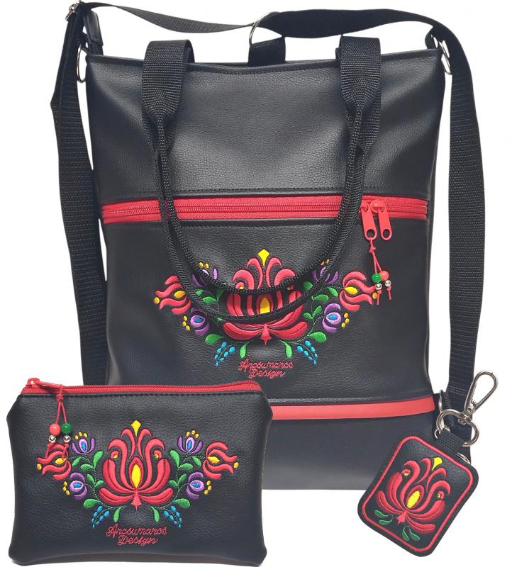 Hímzett 4in1 Matyó virágos szett Hungarian Folkart28 táska+pénztárca+kulcstartó