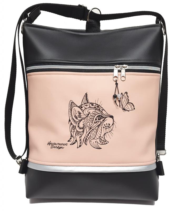 Hímzett Cica pillangóval Fekete-oldrose 3in1 hátizsák univerzális táska