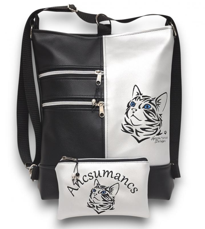 Hímzett cicás 3in1 felemás designer hátizsák univerzális táska neves pénztárcával fekete-ezüst