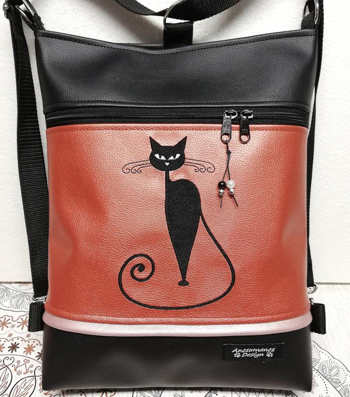 Hímzett cicás 3in1 hátizsák univerzális táska fekete-metál terrakotta