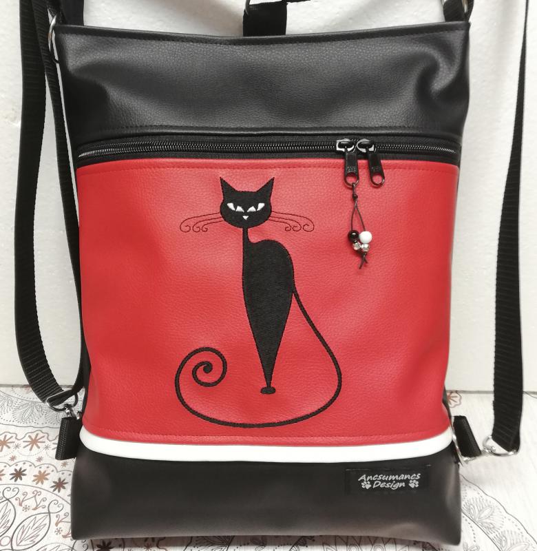Hímzett cicás 3in1 hátizsák univerzális táska fekete-piros