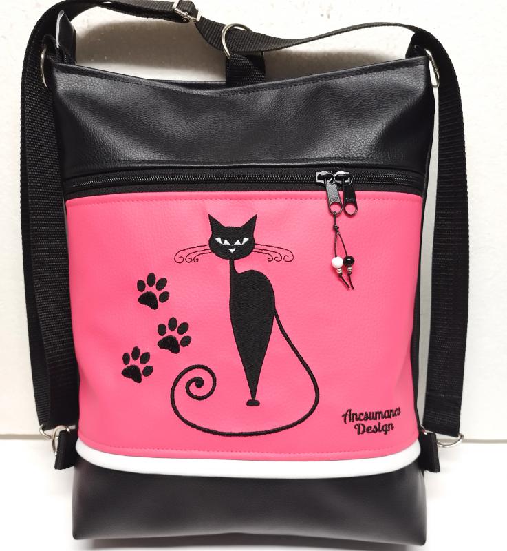 Hímzett cicás tappancsos 3in1 hátizsák univerzális táska fekete-élénk rózsaszín