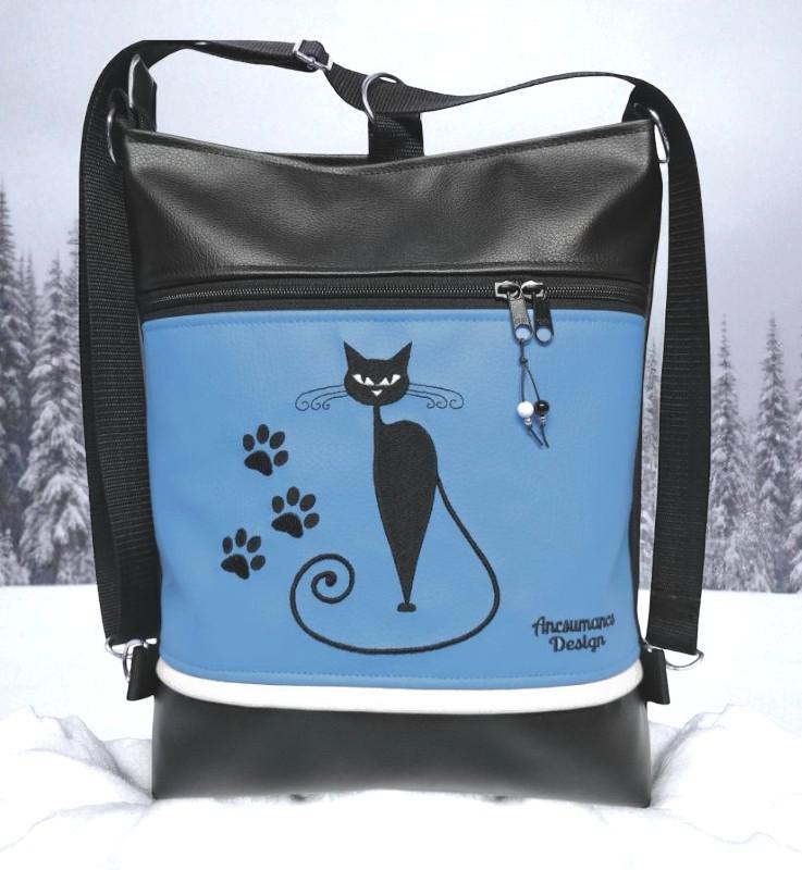 Hímzett cicás tappancsos 3in1 hátizsák univerzális táska fekete-kék