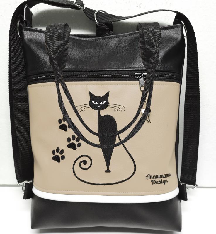 Hímzett cicás tappancsos 4in1 hátizsák univerzális táska fekete-drapp