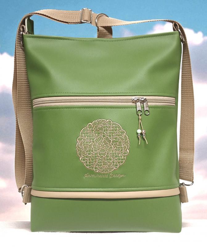 Hímzett csipke mandalás 3in1 hátizsák univerzális táska zöld-drapp (mandala003)