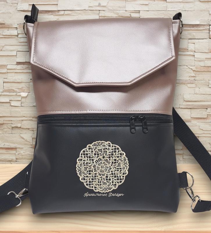 Hímzett csipke mandalás fedélrészes 3in1 hátizsák univerzális táska fekete-púder