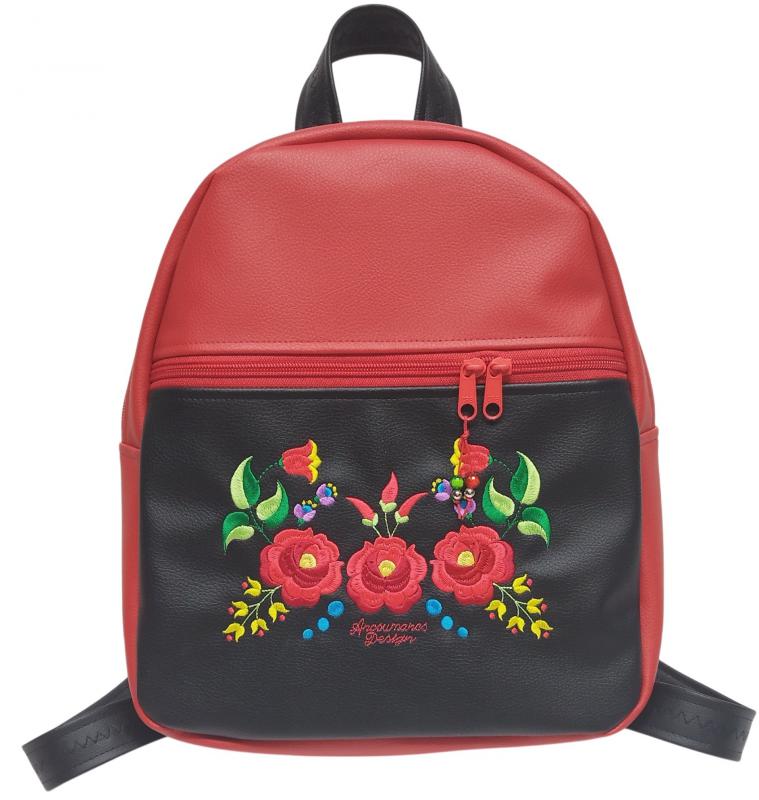 Hímzett DORINA-L hátizsák - Hungarian Folkart 30 - textilbőr pántokkal fekete-piros 33x27x10