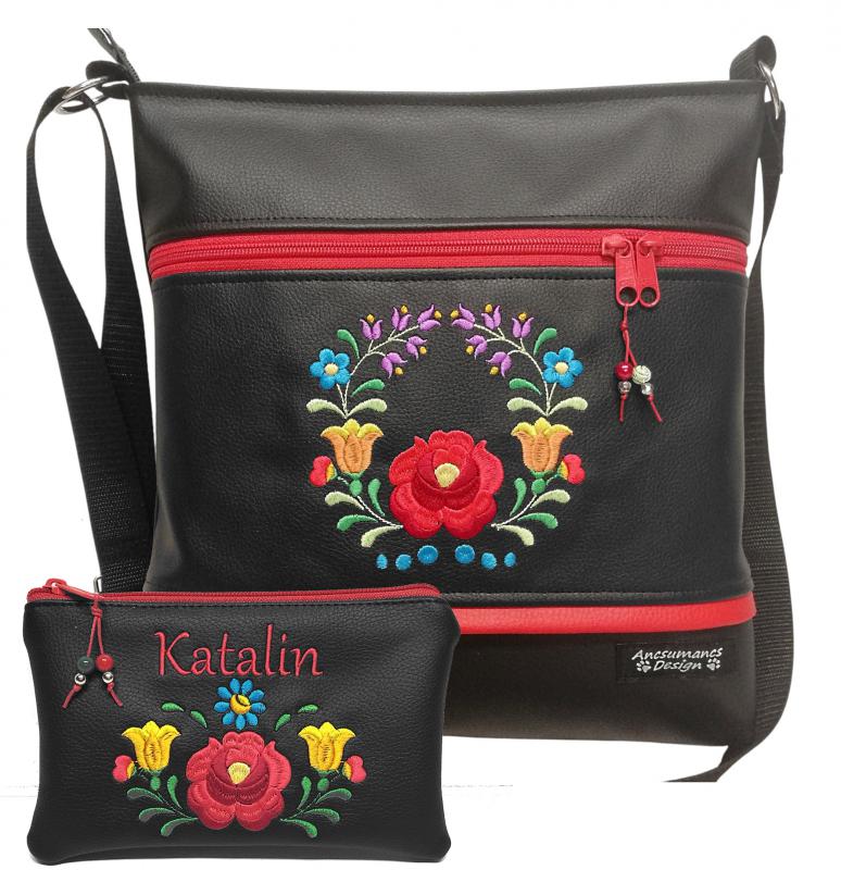 Hímzett kalocsai virágos 30x30-as pakolós táska szett fekete HungarianFolkart05 neves pénztárcával