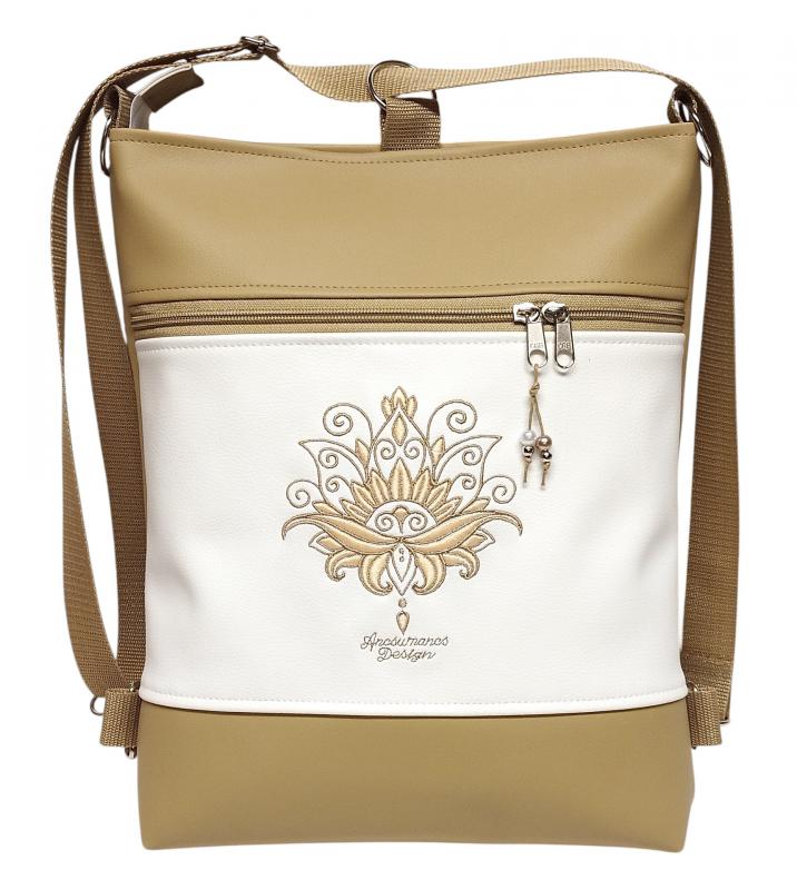 Hímzett lótuszvirág 3in1 hátizsák univerzális táska drapp-fehér