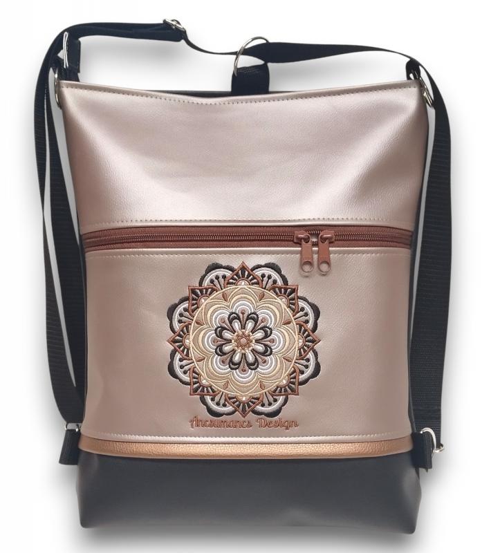 Hímzett mandalás 3in1 hátizsák univerzális táska fekete-púder (mandala001)