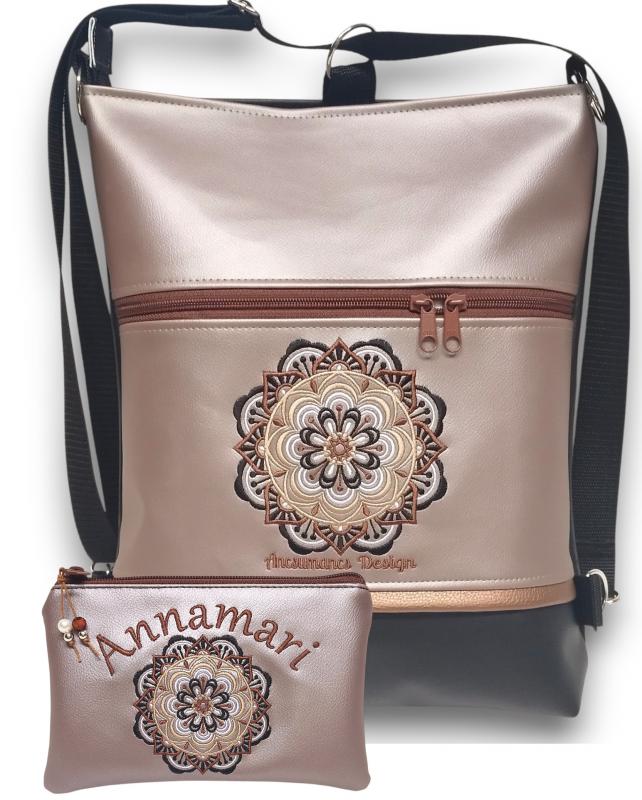 Hímzett mandalás 3in1 hátizsák univerzális táska neves pénztárcával fekete-púder (mandala001)