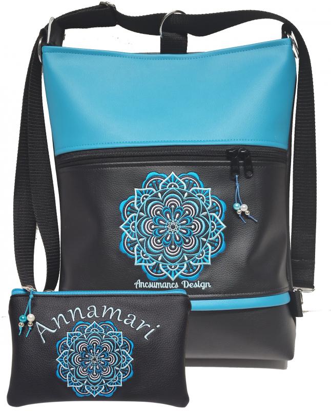 Hímzett mandalás 3in1 hátizsák univerzális táska neves pénztárcával fekete-türkíz (mandala001)