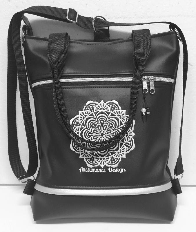 Hímzett mandalás 4in1 hátizsák univerzális táska elegáns fekete-ezüst (mandala001)