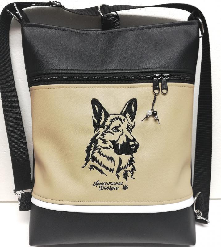 Hímzett németjuhász kutya 3in1 női hátizsák divattáska oldaltáska drapp-fekete
