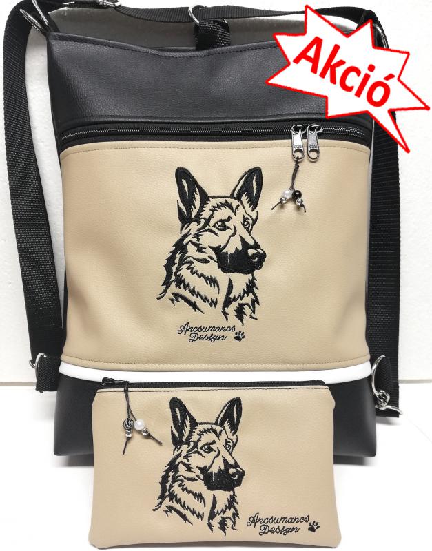 Hímzett németjuhász kutya 3in1 női szett hátizsák+neszi drapp-fekete