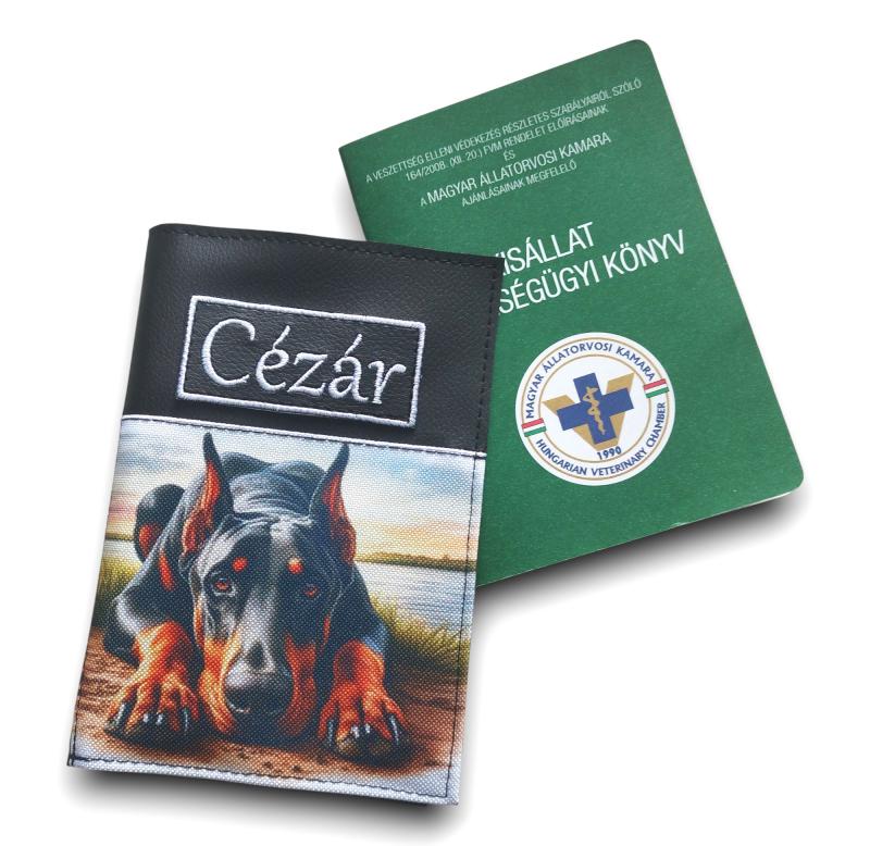 Hímzett neves kisállat egészségügyi könyv borító - Dobermann