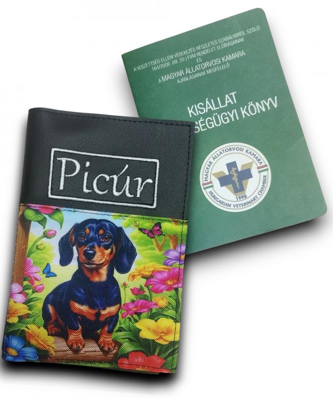 Hímzett neves kisállat egészségügyi könyv borító - Tacskó