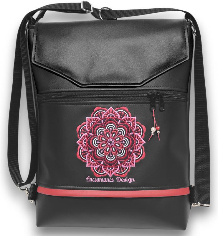 Hímzett piros mandalás fedélrészes 3in1 hátizsák univerzális táska