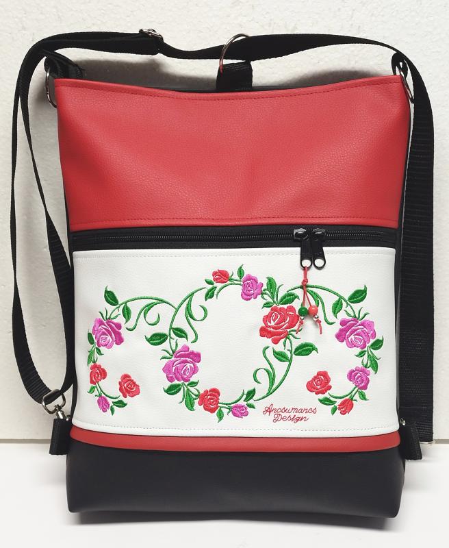 Hímzett rózsakoszorú fekete fehér piros alapon 3in1 textilbőr hátizsák oldaltáska