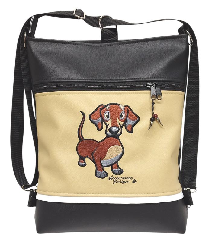 Hímzett tacskó kutyus 3in1 női hátizsák divattáska oldaltáska drapp-fekete
