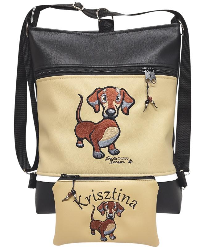 Hímzett tacskó kutyus 3in1 női hátizsák oldaltáska neves pénztárcával drapp-fekete