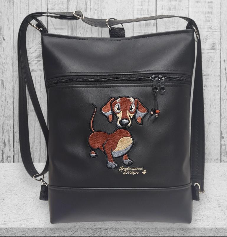 Hímzett tacskó kutyus fekete alapon 3in1 női hátizsák divattáska oldaltáska