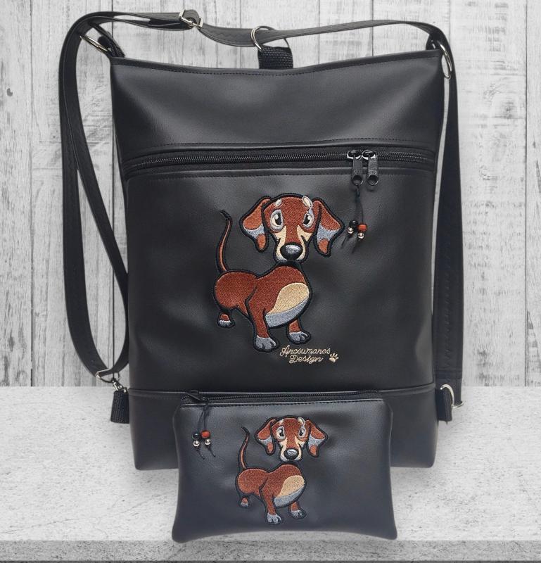 Hímzett tacskó kutyus fekete alapon 3in1 női hátizsák oldaltáska neszivel