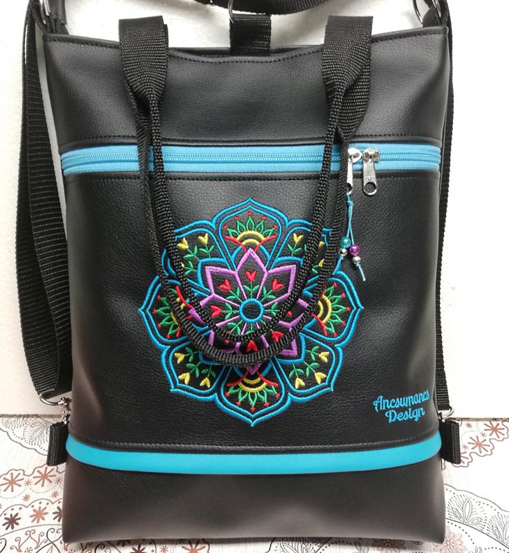 Hímzett tulipán mandalás 4in1 hátizsák univerzális táska türkíz