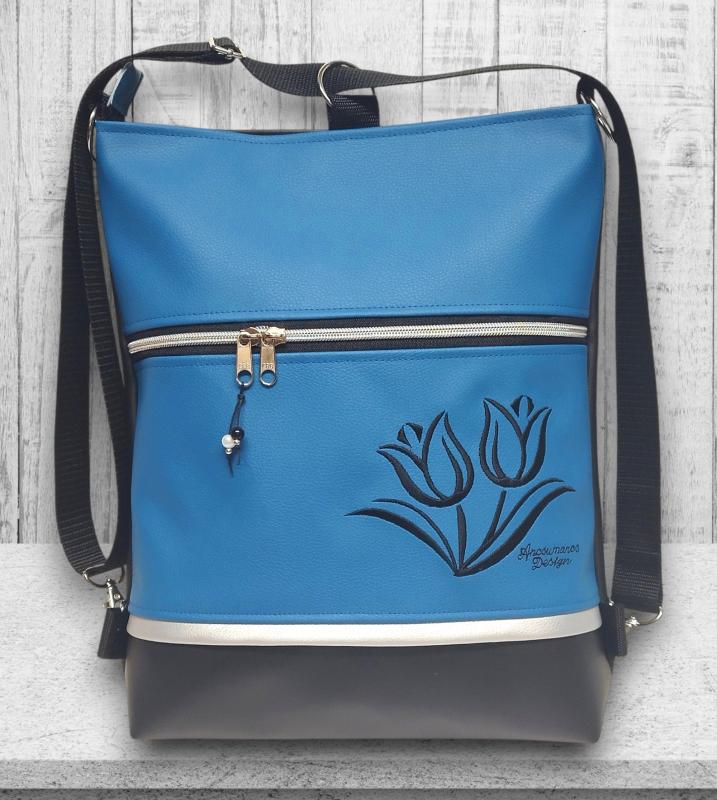 Hímzett tulipános 3in1 hátizsák univerzális táska fekete-kék