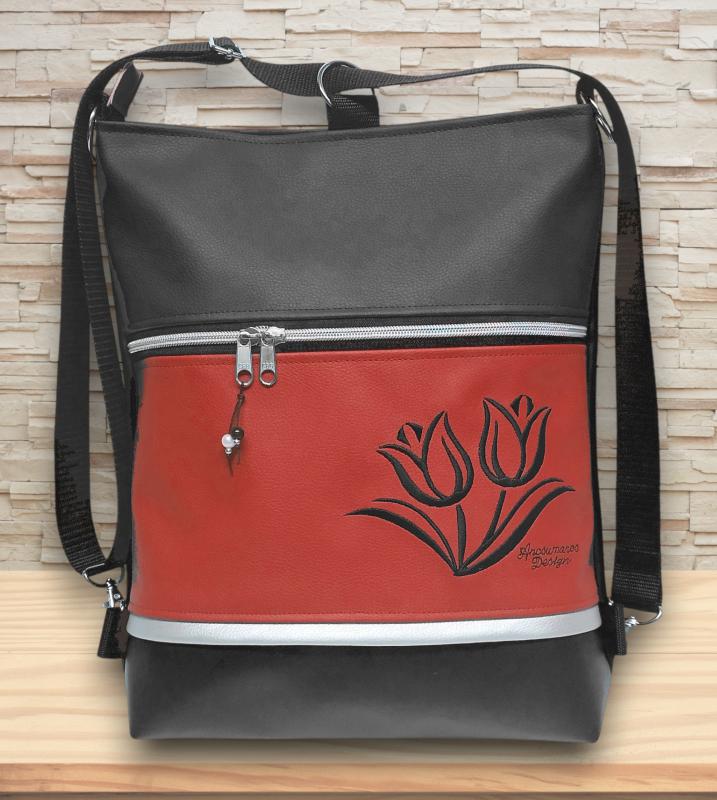 Hímzett tulipános 3in1 hátizsák univerzális táska fekete-piros