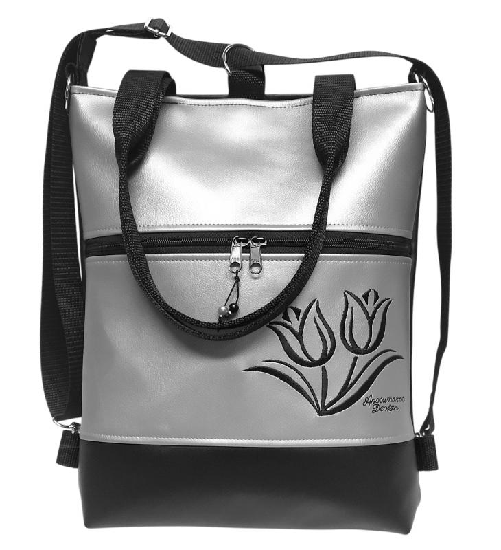Hímzett tulipános elegáns 4in1 női hátizsák oldaltáska Fekete-ezüst
