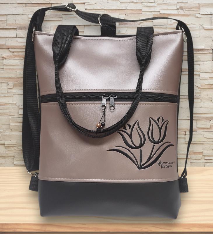 Hímzett tulipános elegáns 4in1 női hátizsák oldaltáska Fekete-púder