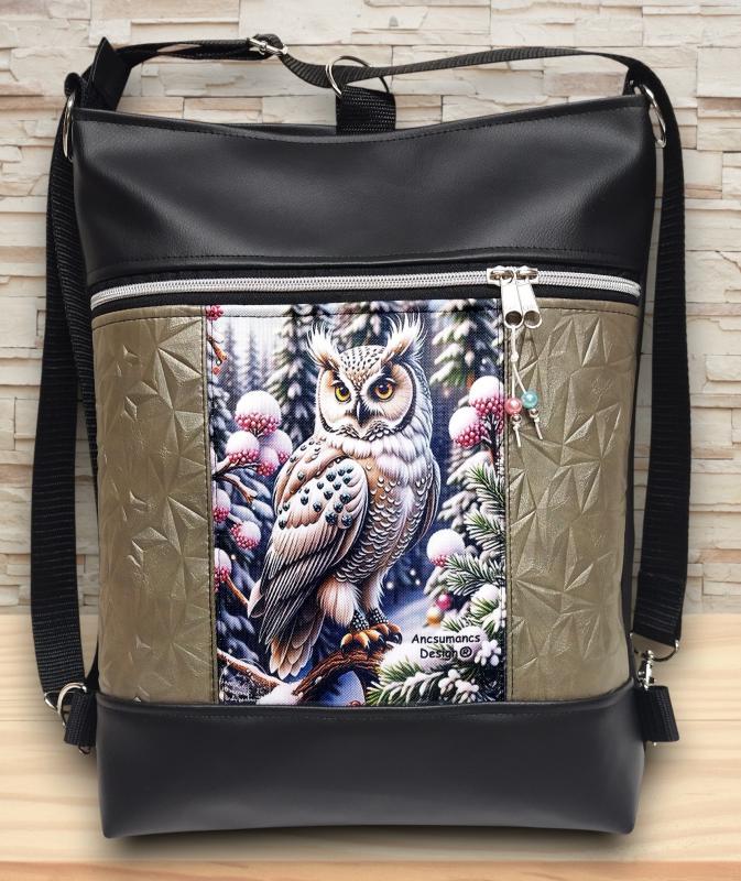 Hóbagoly mintás 3in1 textilbőr hátizsák oldaltáska fekete-platina