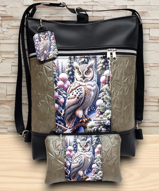 Hóbagoly mintás 3in1 textilbőr hátizsák szett fekete-platina táska-neszi-kulcstartó