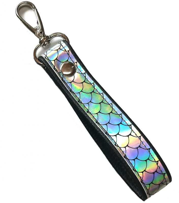 Hologramos textilbőr kulcstartó táskadísz karabinerrel fekete - szivárvány mermaid