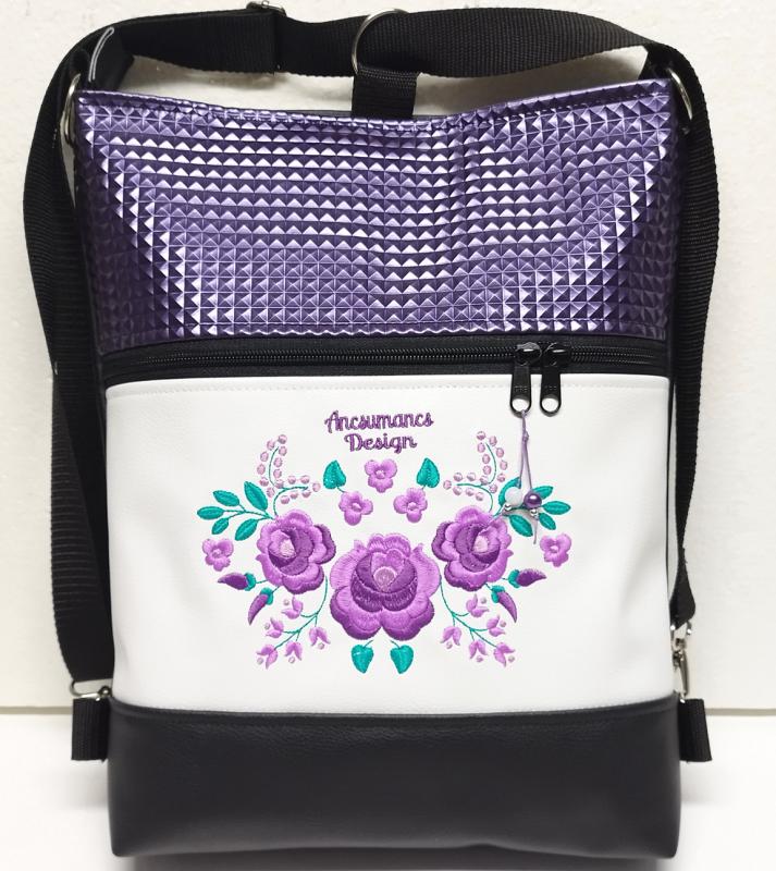 HungarianFolkart12 fekete-fehér-piramis lila 3in1 hátizsák univerzális táska