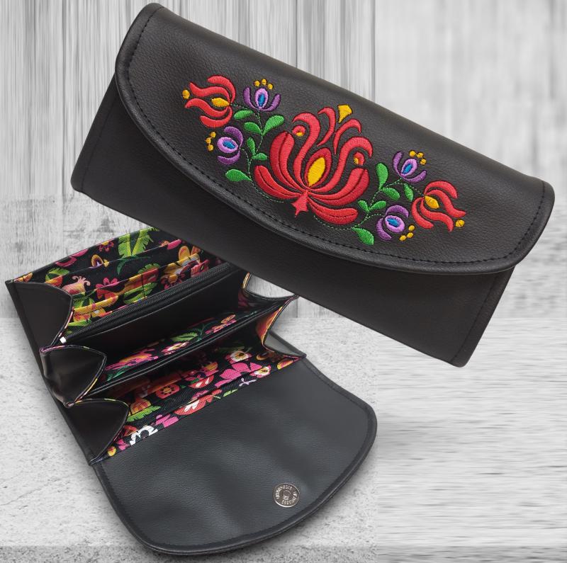 Irattartó nagy pénztárca fekete alapon hímzett HungarianFolkart28 Matyó virágos