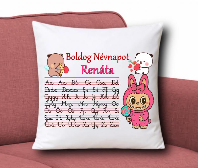 Játékos tanulás ABC mintás Neves párna 35x35cm - Boldog névnapot Labubu 001