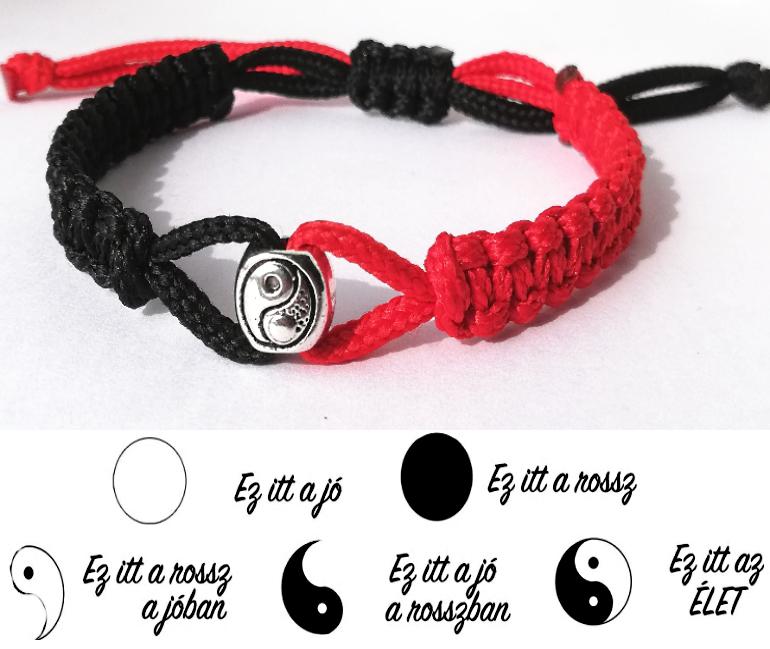 Jin-jang (yin-yang) egyensúly kabala makramé karkötő fekete-piros