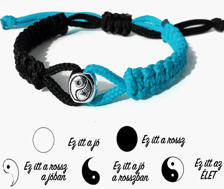 Jin-jang (yin-yang) egyensúly kabala makramé karkötő fekete-türkiz