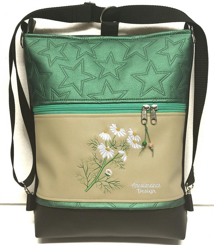 Kamillák hímzett 3in1 hátizsák univerzális táska fekete-drapp-zöld