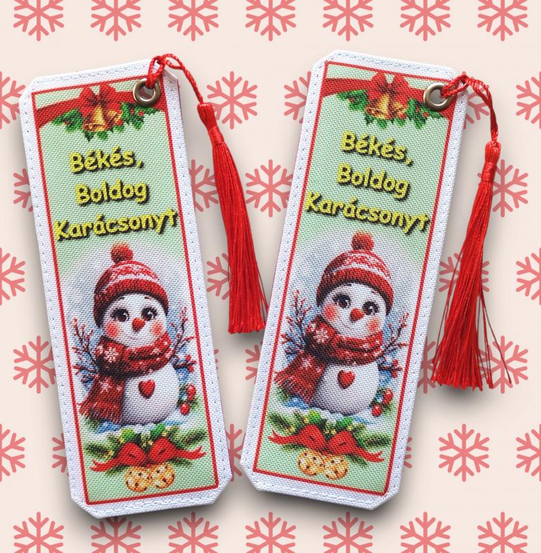 Karácsonyi designer cordura-bőr könyvjelző - Hóember Békés Boldog Karácsonyt