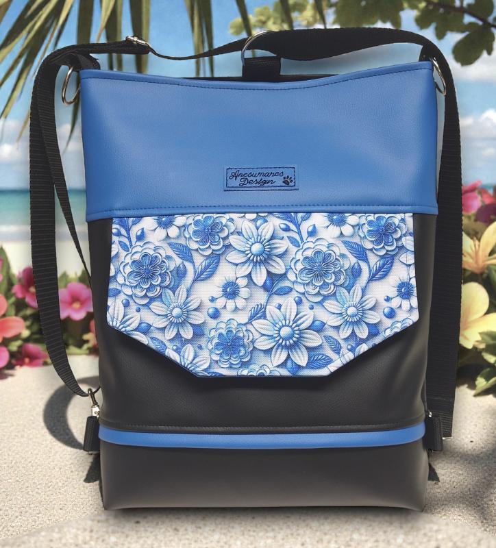 Kék virágok EMILI 3 funkciós hátizsák oldaltáska Fekete-kék
