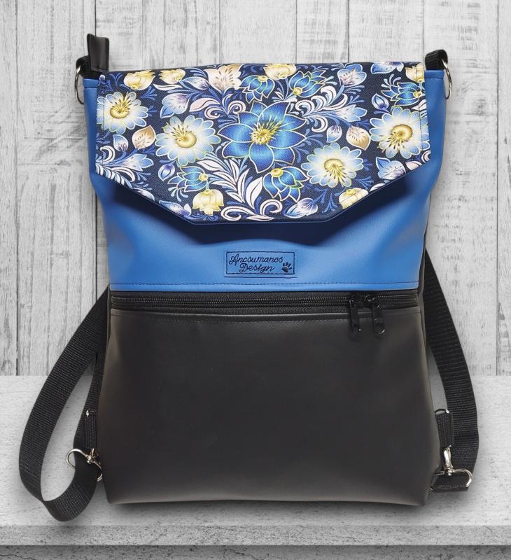 Kék virágos fedélrészes 3in1 hátizsák univerzális táska fekete-kék alapon