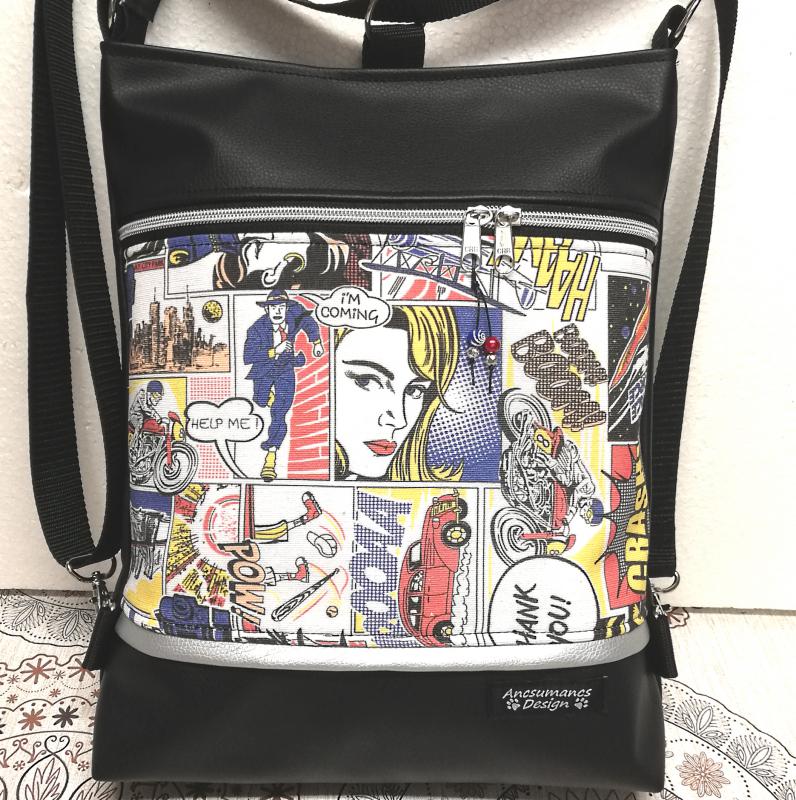 Képregényes 3in1 hátizsák pakolós rohangálós táska ezüst cipzárral