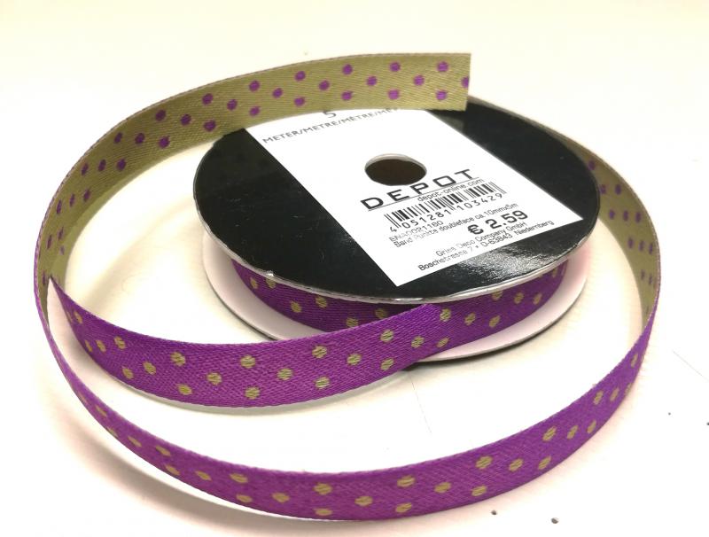 Kétoldalas pöttyös textilszalag lila-oliva 5méter