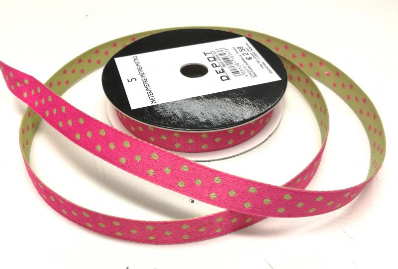 Kétoldalas pöttyös textilszalag rózsaszín-lime 5méter