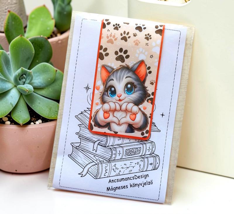 Kézműves mágneses könyvjelző 9,5x5cm - Cica macska 01